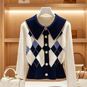 TEMU 플러스 사이즈 - 플러스 사이즈 - 블루 앤 화이트 패턴의 신상 허리 집은 가디건