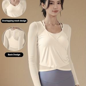 TEMU 여성용 스포츠 긴팔 오버랩 메쉬 디자인 솔리드 컬러 통기성 탑 아웃도어 러닝 티셔츠