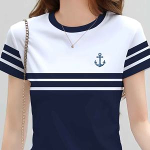 TEMU 트렌디한 여성용 티셔츠, 항해 스타일, 라운드넥 반팔, 3D 앵커 프린트 패턴, 캐주얼 상의, 데일리웨어용, 여성 의류 선물용