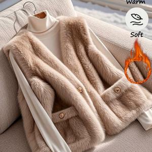 TEMU 세련되고 고급스러운 H자형 민소매 겨울 여성용 플러시 조끼, 여성용 겨울용 페이크 코트
