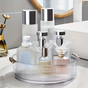 TEMU 투명 플라스틱 화장품 보관 트레이 | 360° 회전식 조리대 정리함 (손잡이 포함), 향수, 립스틱, 목걸이, 주얼리, 샤워 캐디에 적합, 광택 마감, 설치 불필요