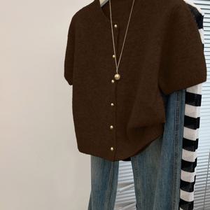 TEMU 우아한 프렌치 스타일 단색 가디건 스웨터 | 패셔너블한 통근복 메탈 버튼 쉬운 상의, 여성용 반팔 (상의만 해당)