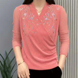 TEMU 새로운 프린트 크로스 V넥 긴팔 베이스 레이어 여성용 긴팔 티셔츠 봄가을 스타일리시 유스풀 엄마 탑