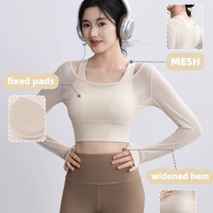 TEMU 3색 봄/여름 신상 메쉬 2-in-1 룩 홀터넥 여성 요가 탑, 내장형 패드 포함, 하이웨이스트 고탄력 여성 탑, 브라 없는 스포츠 피트니스 탑|요가복|필라테스복