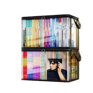 TEMU 투명 플라스틱 책 보관함 2개 세트, 대용량 책 및 의류 정리 보관함 - 공간절약형 사무실 및 가정용, 접이식 책장 가방, 투명 디자인으로 쉽게 확인 가능