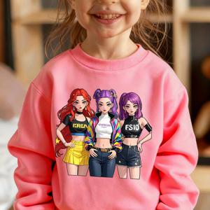 TEMU 소녀 K-Pop 애니메이션 프린트 스웨트셔츠 - 귀여운 카와이 한국 걸 그룹 의상, 봄/가을 루즈핏 스웨터, 플레이데이트 & 이벤트용 (의류)