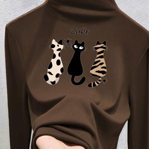 TEMU 2025 신상 여성 티셔츠 가을 겨울 캐주얼 하프 하이넥 긴팔 세 마리 고양이 패턴 (Zokt 영어 및 호랑이 고양이 포함)