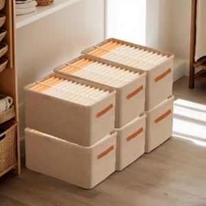 TEMU 6pcs 접이식 스토리지 박스 세트 - 헤비듀티 스틸 프레임과 패브릭 바이너 포함, 이중 손잡이가 있는 접이식 옷장 정리함, 베이지색 접이식 의류 박스, 옷, 선반, 팬트리에 적합 - 공간 절약형 스택 가능 디자인, 도구 없이 조립 가능, 침대 밑 수납, 작은 공간 생활