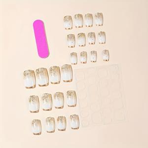TEMU 세련된 화이트 & 골드 글리터 패턴이 특징인 24개 짧은 직사각형 프레스온 네일 세트 (네일 파일 및 젤리 젤 포함)