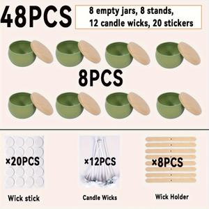 TEMU 48개 세트, 우드 그레인 뚜껑이 달린 그린 디자인 메탈 용기 | 2.5oz 용기, 추가 용품 40개 포함 (심, 홀더, 스티커), 향기로운 양초 제작, 아이템 보관, 홈 및 인테리어 장식, 선물에 적합