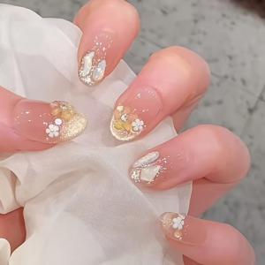 TEMU 10개입 수제 캣아이 네일 랩 - 달빛 & 듀얼 컬러 미니 꽃 디자인, 숏 오벌 프레스온 네일 - 데일리, 파티, 웨딩용 광택 핸드 & 풋 네일 아트, 쉬운 적용