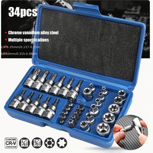 TEMU 헥사곤 - 토르크 소켓 - 1/4인치 및 3/8인치 소켓 드라이브 도구, 34피스 E타입 렌치 소켓 세트 - 스타 소켓, 토르크 드라이버 세트, 토크 드라이버 - 자동차 수리 도구