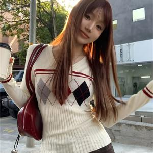 TEMU 여성용 빈티지 컬러블록 마름모 스웨터, 봄/여름 슬림핏 풀오버 상의, 유니크한 디자인, 니치 스타일, 긴팔