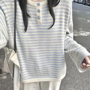 TEMU 2025 신상 초가을 레이지 스타일 블루 대비 스웨터, 여성 캐주얼 가을 아웃핏 상의