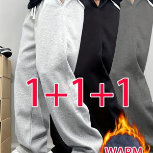 TEMU 남성용 겨울 조거 팬츠 3pcs - 고강도 보온, 내구성 있는 논스트레치 원단, 신축성 있는 드로스트링 허리 & 스트레이트핏 (블랙/라이트 그레이) - 야외, 헬스, 캐주얼 착용 가능 - 세탁기 사용 가능한 겨울 조거 팬츠|냉장고바지|남자바지|바지