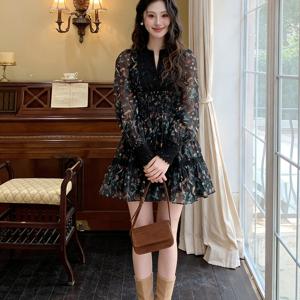 TEMU 우아한 여성 드레스, 스타일리시한 티 컬러의 플로럴 긴팔 드레스, V넥 및 레이스 허리 디자인|쉬폰원피스