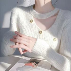 TEMU 부드러운 넥 홀로우 긴팔 여성용 2025 가을 신상 슬림핏 하의 상의