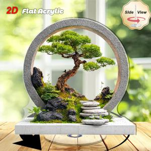 TEMU 2D 평면, 2D 평면 - 1개 회전하는 분재 나무, 이끼로 덮인 돌 - 360° 회전 베이스가 있는 2D 평면 아크릴 데스크탑 장식, 실내/실외 홈 데코, 이사 및 축제를 위한 완벽한 선물, 전기 불필요, 휴일 장식 | 조용한 풍경, 2D 평면