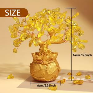 TEMU 재물 & 행운을 위한 노란색 풍수 돈나무 | 로즈-골드 와이어에 90개의 보석, 차크라 치유 홈 데코 & 선물, 5.5인치