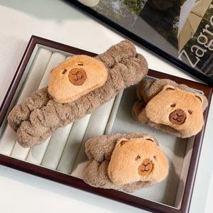 TEMU 3개 귀여운 플러시 카피바라 머리끈 세트, 세안 및 손목 사용에 적합, 욕실 및 메이크업에 적합