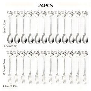 TEMU 24개 스테인리스 스틸 잎사귀 포크와 숟가락 세트, 12포크 + 12숟가락, 미니 커피스푼, 디저트용 숟가락, 애프터눈 티 용품, 창의적인 디자인, 경제적이고 내구성 강함, 가정 주방 및 레스토랑, 웨딩 파티에 이상적, 식기세척기 사용 가능