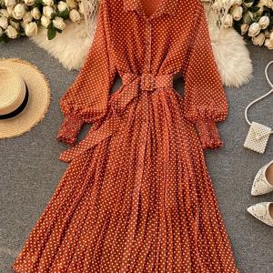 TEMU 여성용 칼라 슬림핏 롱 우아한 도트 치폰 플리츠 드레스 - 니안니안 셀렉션