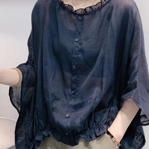TEMU 여성용 라이트웨이트 셔츠 - 네이비 블루 버튼 프론트 플라켓, 논스트레치 소재로 보호 기능, 사무실/파티/캐주얼 캐주얼 블라우스 - 세탁기 사용 가능, 여름 패션, 배트윙 슬리브, 통기성 좋은 소재, 스타일리시 탑, 오피스 웨어, 파티룩, 트렌디한 디자인, 내구성 있는 소재, 버튼업 상의