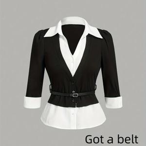 TEMU 세련된 투인원 워크 블라우스: 블랙 가디건 + 화이트 셔츠