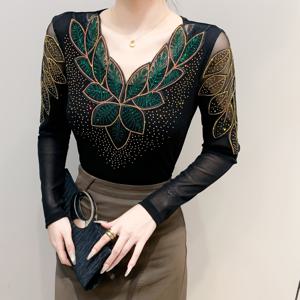 TEMU 가을 신상 V넥 긴팔 탑, 우아한 레이스 디테일과 스타일리시한 라인스톤 하이엘라스틱 메쉬 웨이스트 신처 베이스 셔츠