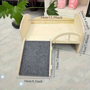 TEMU 나무 플랫폼 소형 애완 동물 숨기기 침대, 튼튼한 사다리 및 편안한 쿠션 포함 - 기니피그 및 햄스터에게 적합 | 미리 조립된 직사각형 서식지 선물 | 나무 디자인 실내 애완 동물 가구