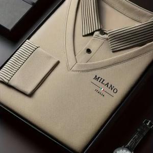 TEMU 남성용 클래식 가을/겨울 니트 폴로 셔츠, 페이크 투피스 칼라, 비즈니스 캐주얼 패치워크 디자인. 부드럽고 피부 친화적인 소재로 제작되었으며 밀라노 레터 프린트가 특징입니다.|남자셔츠|남자옷