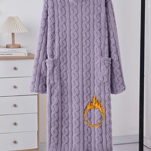 TEMU 가을 겨울 여성용 안감 긴팔 홈드레스, 신상! 코랄 풀오버 가운 사이드 포켓, 일상 홈 레저에 우아한