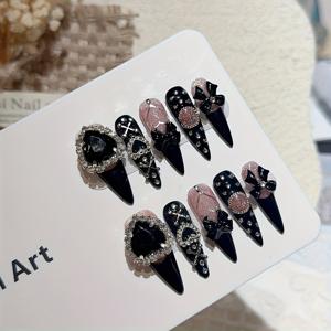 TEMU 10개입 핸드메이드 가을/겨울 파티용 롱 드롭형 네일 세트 (핑크 & 블랙), 여성들을 위한 축제 선물로 완벽