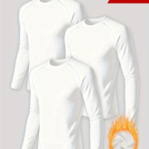 TEMU 남성용 기모 안감 따뜻한 라운드넥 긴팔 티셔츠 3종 세트 (가을용), 슬림핏 디자인, 피트니스 및 스포츠에 적합, 캐주얼 웨어 스타일리시, 몸매 보정, 높은 탄성, 다용도 상의, 세탁기 사용 가능|티셔츠|남자셔츠|남자옷