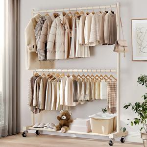 TEMU AOSOM 더블 폴 행거, 업그레이드 대용량 수납공간 하단 수납 튼튼한 이동식행거，튼튼한 의류 전시용 행거 - 다기능 바닥형 정리대 (자가 조립 필요) / 침실, 세탁실, 거실, 매장 전시용, 블랙/화이트