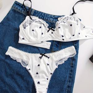 TEMU 레이스 트림 하트 프린트 여성용 브라 세트