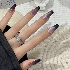 TEMU 갤럭시 스타라이트 캣아이 네일 글리터 롱 발레 네일 아이스 투명 팬텀 퍼플 글리터 프레스온 네일 인조 네일 팁