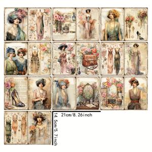 TEMU Vigus10은 빈티지 드레스를 입은 여성의 개인적인 전시를 특징으로 하며, 쓰레기 다이어리 매거진을 위한 스크랩북으로 묘사되며 A5 사이즈 공예 용지로 제작되었습니다.