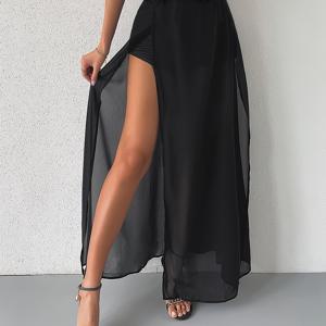 TEMU 솔리드 컬러 허벅지 길이 슬릿 탄성 허리 스커트