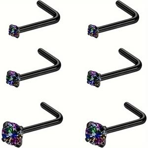 TEMU 6개입 (멀티피스) 여성용 스테인리스 스틸 코링 귀걸이 남성용 라운드 CZ 코뼈 L자형 스크류 코스터드 세트 코피어싱 주얼리 블랙