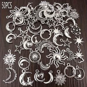 TEMU 50개 랜덤 혼합 합금 소재 귀걸이 펜던트 참, 우아한 클래식 은색 패션 별 달 팔찌 목걸이 펜던트, 주얼리 제작자, 선물 쇼핑객, 패션 참, 내구성 좋은 금속, 고품질 장인 정신, 스타일리시한 펜던트, 우아한 디자인