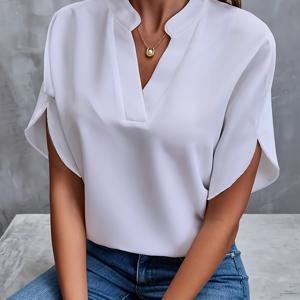 TEMU 플러스 사이즈 - 플러스 사이즈 - 여성용 우아한 V넥 루즈핏 셔츠 탑 | 신축성 없음, 단색, 봄/여름/가을에 적합
