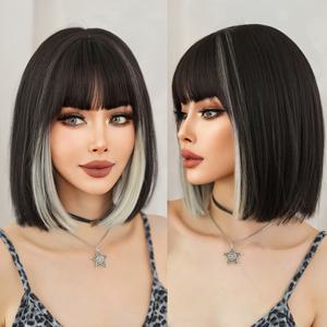 TEMU 코스튬 밥 가발 숏 화이트 블랙 가발 여성용 데일리 파티용 고밀도 실버 밥 가발 앞머리 포함 내열 합성 가발 12인치