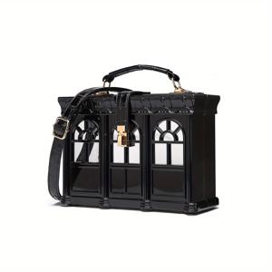 TEMU 세련된 블랙 하우스형 핸드백 - 조절 가능한 스트랩이 있는 여성용 이브닝 클러치, 내구성 PVC 소재와 폴리에스터 안감