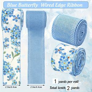 TEMU 블루 플로럴 나비 유선테 리본 2롤 1세트, 폴리에스터 장식용 공예 리본, 결혼식, 부케 포장, 선물 포장, 휴일 장식, 의류 재봉 장식, 리본 보우 제작 등용