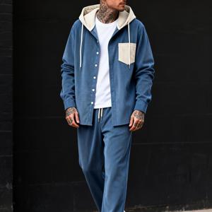 TEMU 남성 선물: 트렌디한 코듀로이 원단의 투피스 세트. 후드, 대비되는 버튼, 드로스트링, 기울어진 포켓이 있는 간편하고 스타일리시한 디자인으로 캐주얼하고 패셔너블합니다.