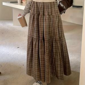 TEMU 세련된 체크무늬 케이크 스커트, 봄/가을용, 빈티지 와이드 밑단, 힙라인 가림을 위한 루즈핏, 안감이 있는 미디엄 레인지 디자인