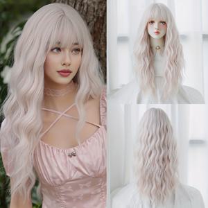 TEMU 장식용 가발, 긴 은색 및 흰색 물결 스타일, 앞머리 포함, 고밀도 및 푹신함, 할로윈 의상, 및 파티에 적합. 내열성 합성 가발, 길이 26.37인치