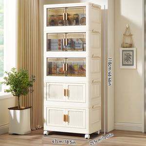 TEMU 1개 50cm 폭 3/4/5단 접이식 보관함 바퀴 포함, 조립 불필요, 휴대용 디스플레이 캐비닛 – 옷, 장난감, 책, 간식, 가방용 다목적 정리함, 자석 이중문 & 쉬운 설치. 거실, 침실, 사무실 또는 보트 수납에 이상적|거실장