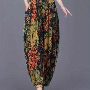 TEMU 여성용 레트로 중국풍 플로랄 프린트 하렘 팬츠 - 화려한 컬러 루즈핏, 봄 여름 캐주얼 바지, 비침 방지 원단